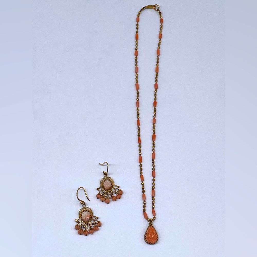 Victorian Coral/14K Gold Necklace Earring Set